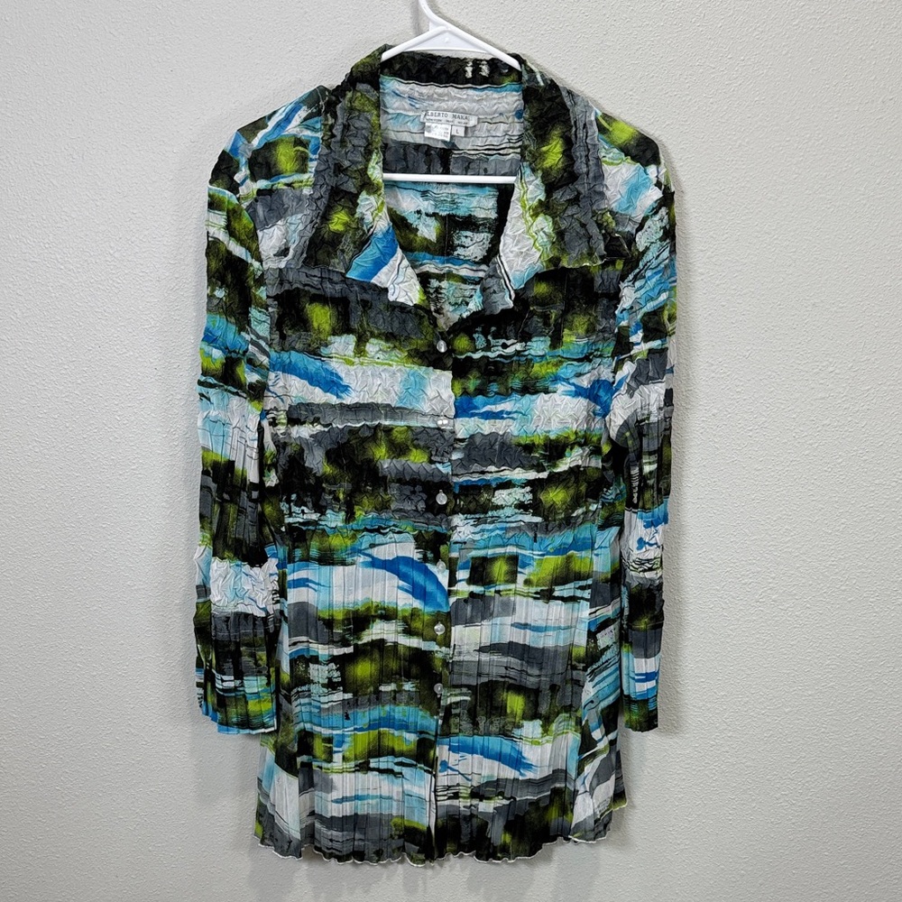 Alberto Makali crinkle pleat Green and Blue Patterned Shirt